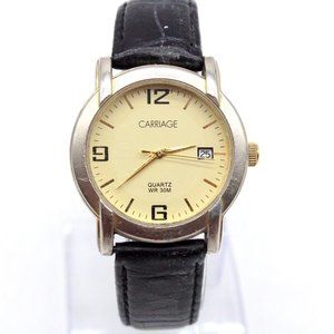 Carriage Watch Mens Silver Tone Stainless Steel Beige Dial Black Leather Band